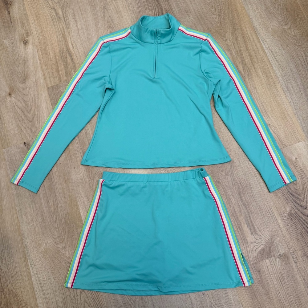 TCEC Teal Long Sleeve Top and Skirt Set with Multicolor Stripe Piping Detail